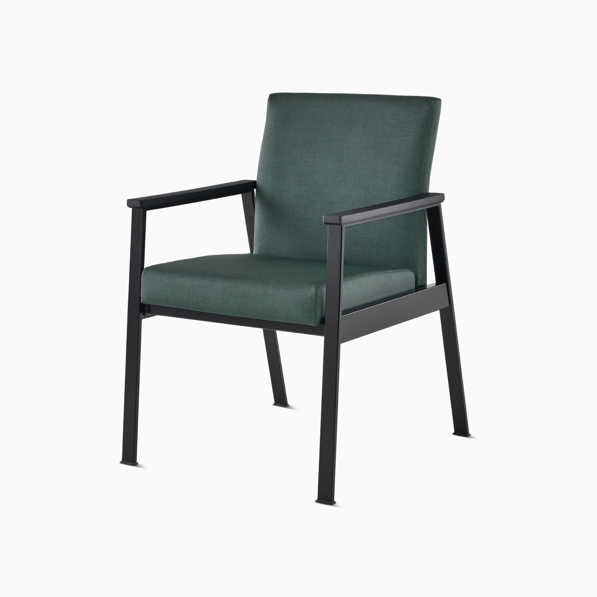 Front-angle view of an Easton Side Chair with green upholstery, black four-leg base, and black arm caps.