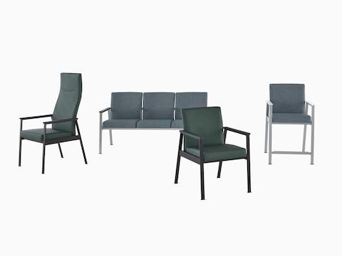 A group of Easton seating products with a Patient Chair and Side Chair in green upholstery and black frame and three-seat multiple seating and Easy Access Chair in blue upholstery and silver frame.