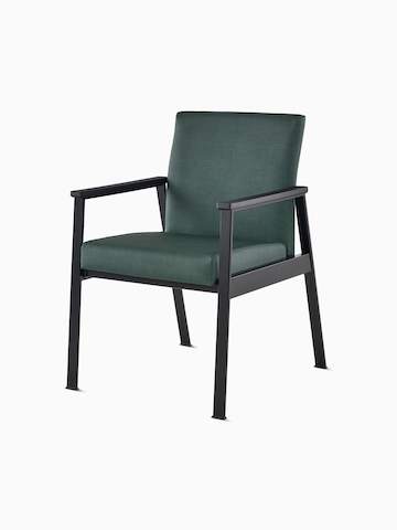 Front angle view of an Easton Side Chair with green upholstery, black four leg base and black arm caps.