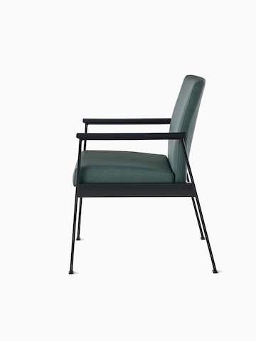 Side view of an Easton Side Chair with green upholstery, black four leg base and black arm caps.
