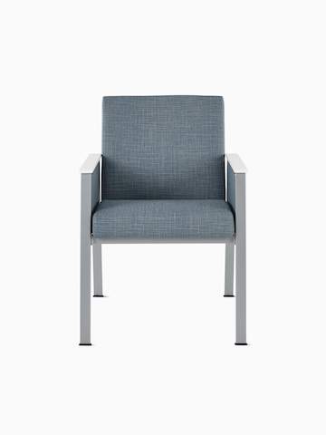 Front view of an Easton Side Chair with blue upholstery, metallic silver four leg base and closed arms with blue upholstery and glacier white Corian arm caps.