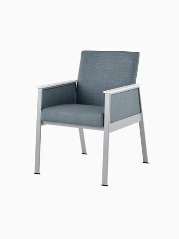 Front angle view of an Easton Side Chair with blue upholstery, metallic silver four leg base and closed arms with blue upholstery and glacier white Corian arm caps.