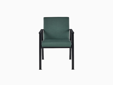 Front view of an Easton Side Chair with green upholstery, black four-leg base, and black arm caps.