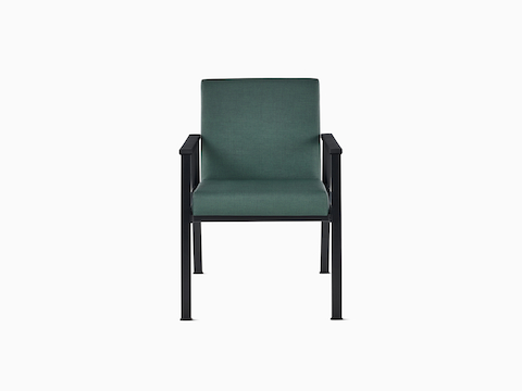 Front view of an Easton Side Chair with green upholstery, black four-leg base, and black arm caps. Front view of an Easton Side Chair with green upholstery, black four-leg base, and black arm caps.