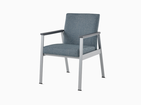 Front-angle view of an Easton Side Chair with blue upholstery, metallic silver four-leg base, and slate gray arm caps.