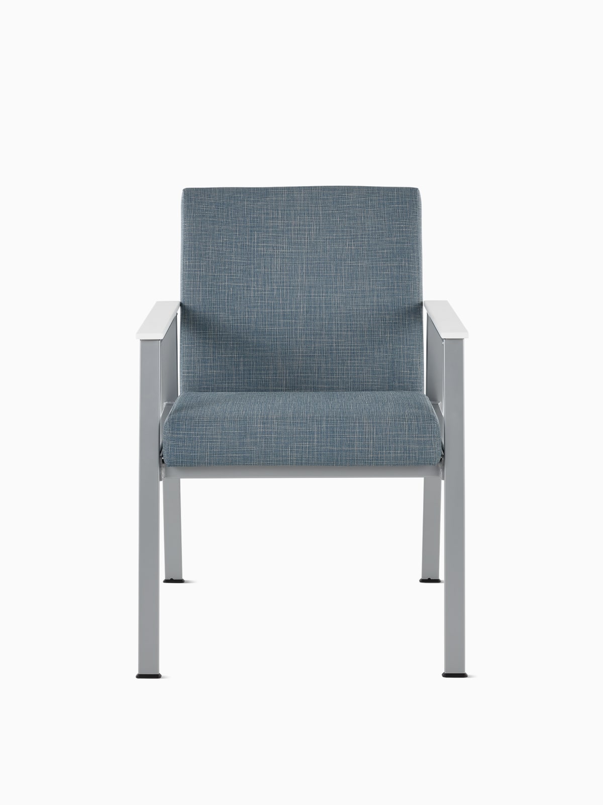 Front view of an Easton Side Chair with blue upholstery, metallic silver four-leg base, and glacier white Corian arm caps.
