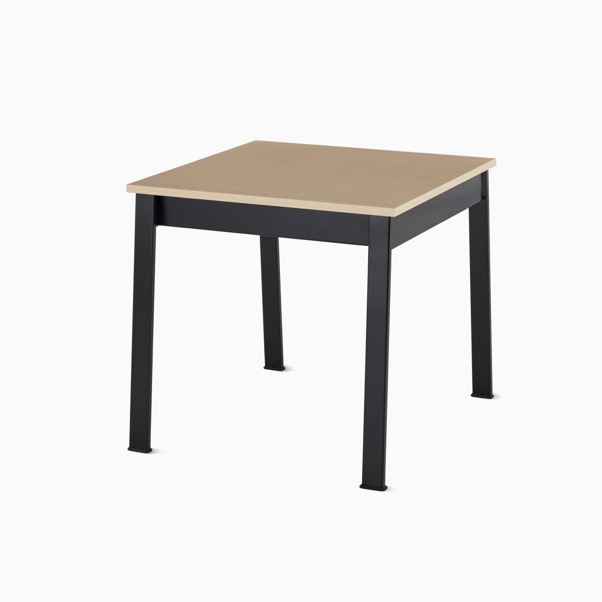 Angled view of an Easton Side Table with a clear on ash laminate top and black legs.