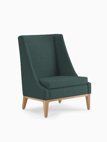 Iris Lounge chair in dark fabric with wood legs and base.