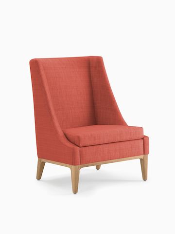 Angled view of Nemschoff Iris Lounge Chair in red upholstery and light wood base and legs.