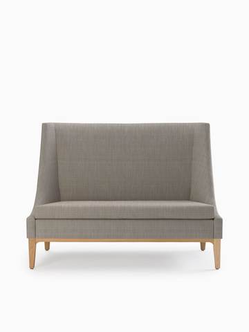 Nemschoff Iris Settee in a gray upholstery and light wood base and legs, viewed from the front.