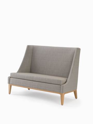 Nemschoff Iris Settee in a gray upholstery and light wood base and legs, viewed from the front. Select to go to the Nemschoff Iris Settee product page.