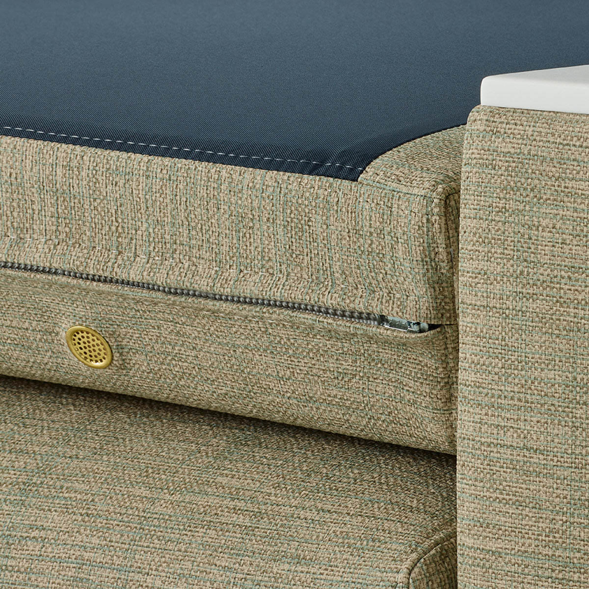 Detail of removable covers on a Nemschoff Merge 2 Flop Sofa.