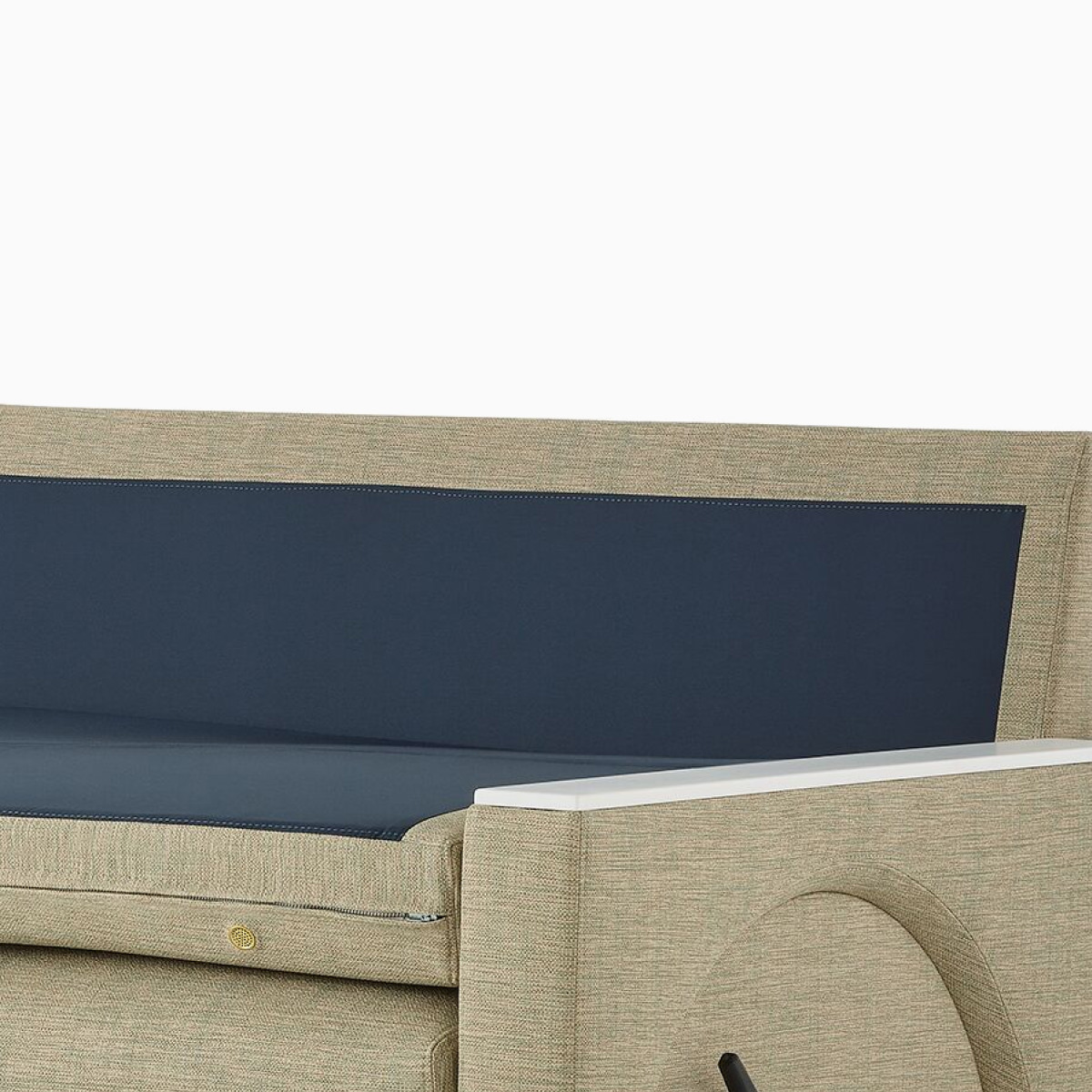 Detail of the antimicrobial, moisture proof, and cleanable sleep surface on a Nemschoff Merge 2 Flop Sofa.