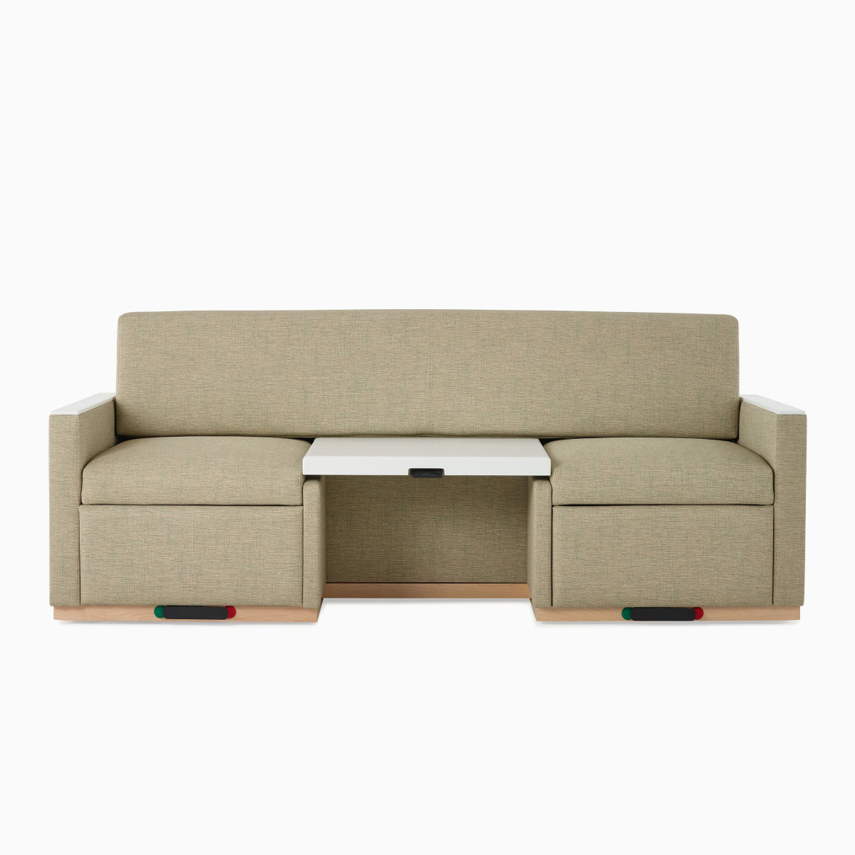 Front view of a Nemschoff Merge 2 Flop Sofa in a beige upholstery with a white center table and a natural maple base.
