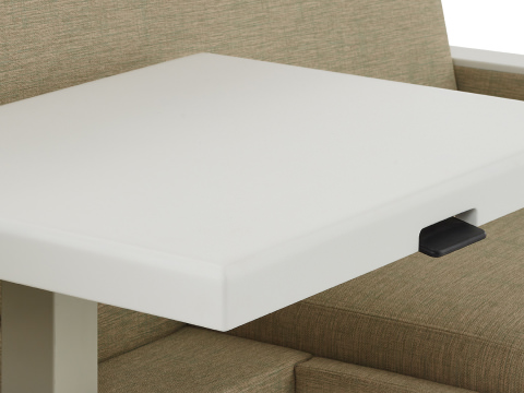 Detail of the Nemschoff Merge 2 adjustable center table in Glacier White Corian.