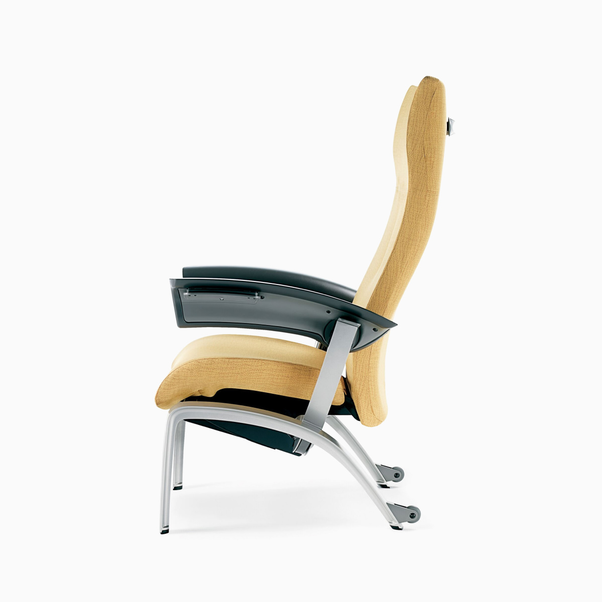 Nemschoff Nala Patient Chair in a yellow upholstery and dark gray arms viewed on white sweep from the side.