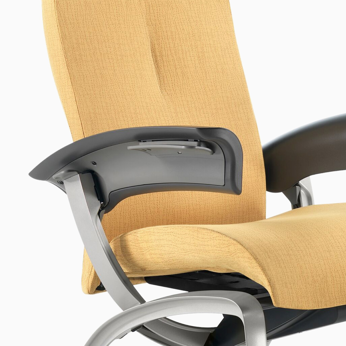 Detail of a Nemschoff Nala Patient Chair arm featuring the recline activation lever.