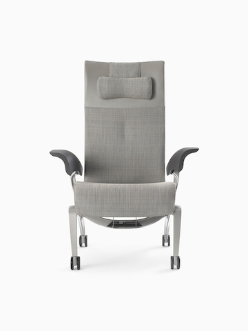Nemschoff Nala Patient Chair in a gray upholstery with a headrest pillow and dark gray arms on white sweep.