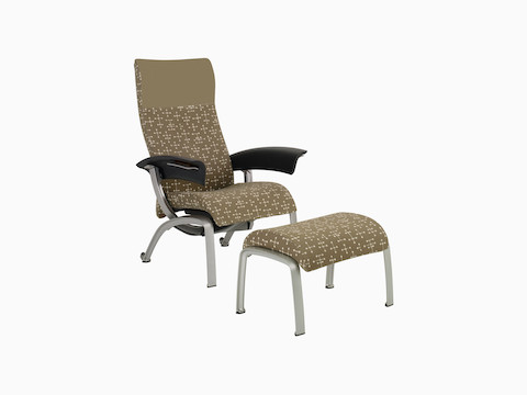 Nemschoff Nala Patient Chair and Ottoman in an olive green patterned upholstery with a coordinating upholstery headrest with dark gray arms with a silver frame and legs, viewed from the front angle.