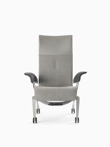 A Nemschoff Nala Patient Chair in gray textile with dark gray urethane arm pads.