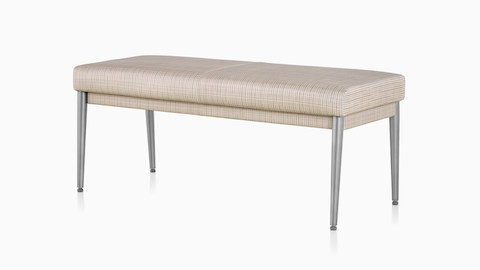 Front three-quarter view of Palisade Bench in tan striped textile.