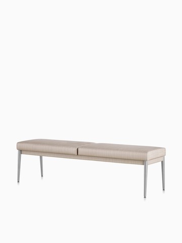 Front three-quarter view of Palisade Bench in tan striped textile.