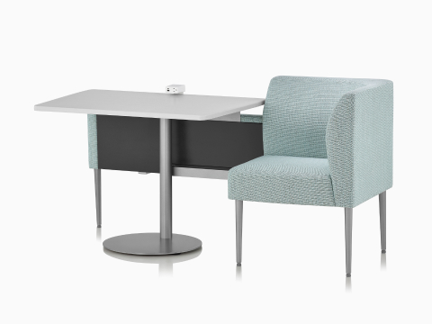Nemschoff Palisade Booth configuration of a single booth in a light green upholstery with a center table with a white surface and Logic power access unit on it.