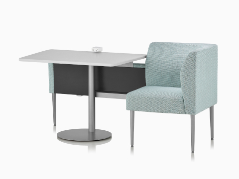 Nemschoff Palisade Booth configuration of a single booth in a light green upholstery with a center table with a white surface and Logic power access unit on it. Nemschoff Palisade Booth configuration of a single booth in a light green upholstery with a center table with a white surface and Logic power access unit on it.