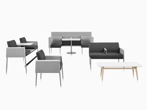 Palisade Collection that shows four pieces with metal frames and varying gray textiles: Multiple Seating; Easy Access, Chair, two-seat with intervening arm, Booth with privacy screen, and coffee table with solid surface top and wooden legs.