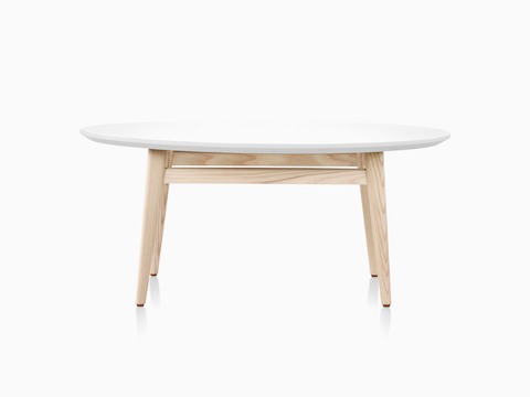 Palisade Coffee Table with wood legs and white solid surface top.