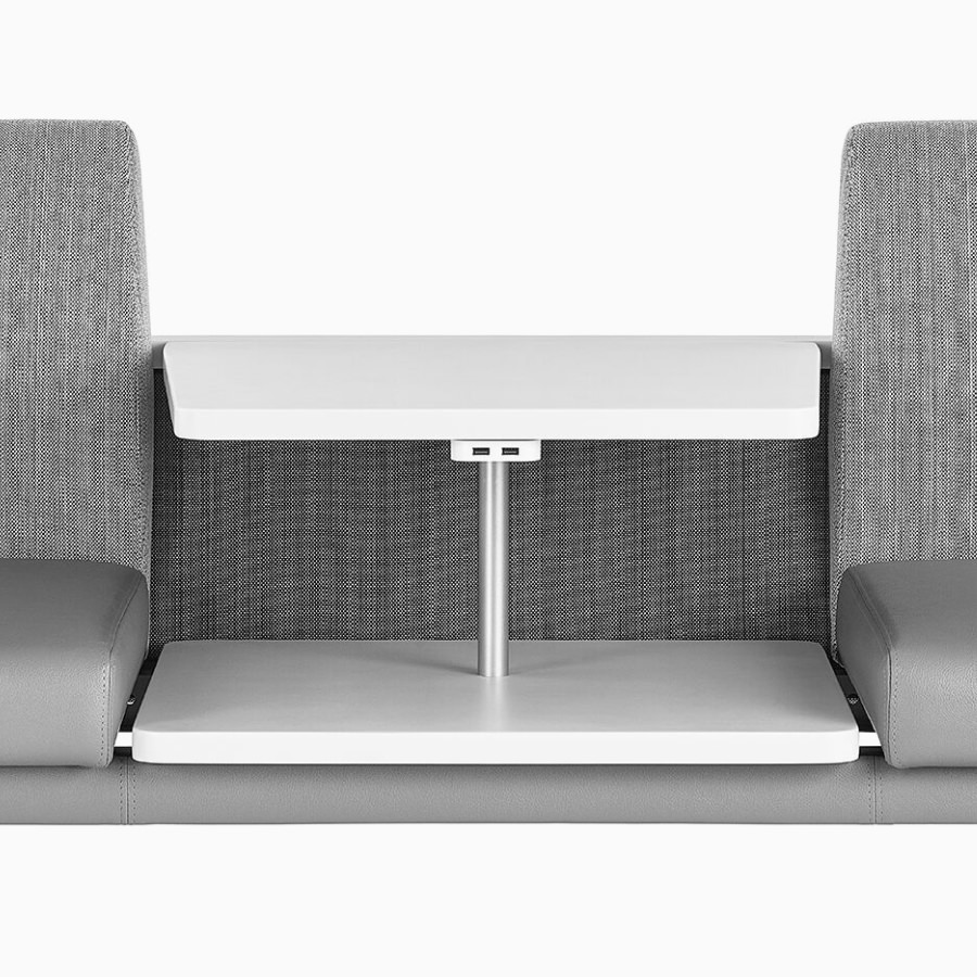 Detail of Nemschoff Palisade Easy Access Multiple Seating in a gray upholstery with a height-adjustable center table in white.