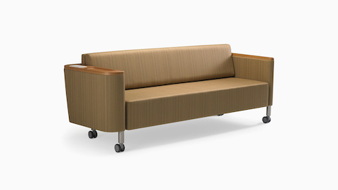 A Nemschoff Palisade Flop Sofa in brown textile with wood arm caps and metal legs with casters.