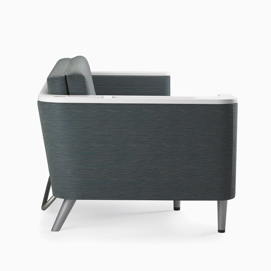 Nemschoff Palisade Flop Sofa in a blue-gray upholstery with white solid surface arm and back cap and wall-saver design.