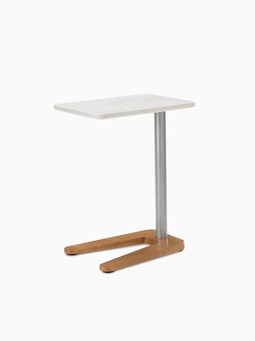 A Palisade Mobile Table with a walnut base, silver legs, and a white top.