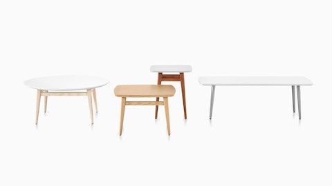 A variety of Palisade Side Tables: white surface with wood legs, full wood table, and white surface with metal legs.