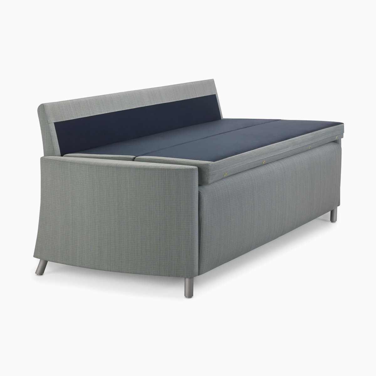 Nemschoff Pamona Flop Sofa in a gray upholstery with the sleep surface open, viewed from an angle.