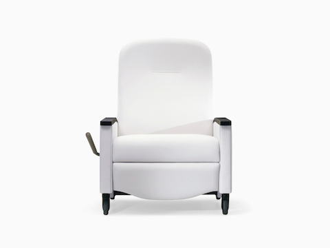 A front view of a Prísto Plus Recliner in a white upholstery with black urethane arm caps.