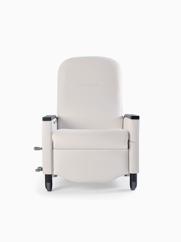 The Nemschoff Prísto Recliner in white with black arms and wheels, viewed from the front.