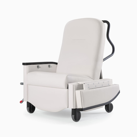 Nemschoff Pristo Recliner in a white upholstery with black arm caps and wheels with a fold-down arm.