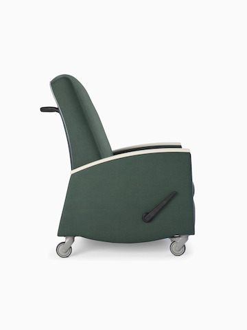 Nemschoff Sahara Recliner in dark green textile with cream arm cap, viewed from the side.