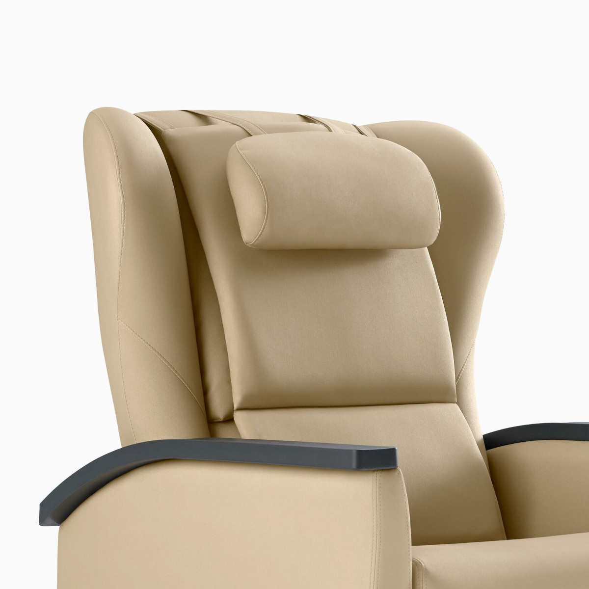 Close-up of a Nemschoff Serenity Recliner showing the back with a headrest and back pad and arms with urethane arm caps.