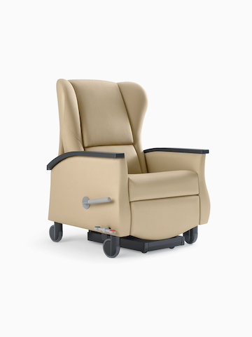 Three-quarter view of Nemschoff Serenity Recliner without upholstered back pad.