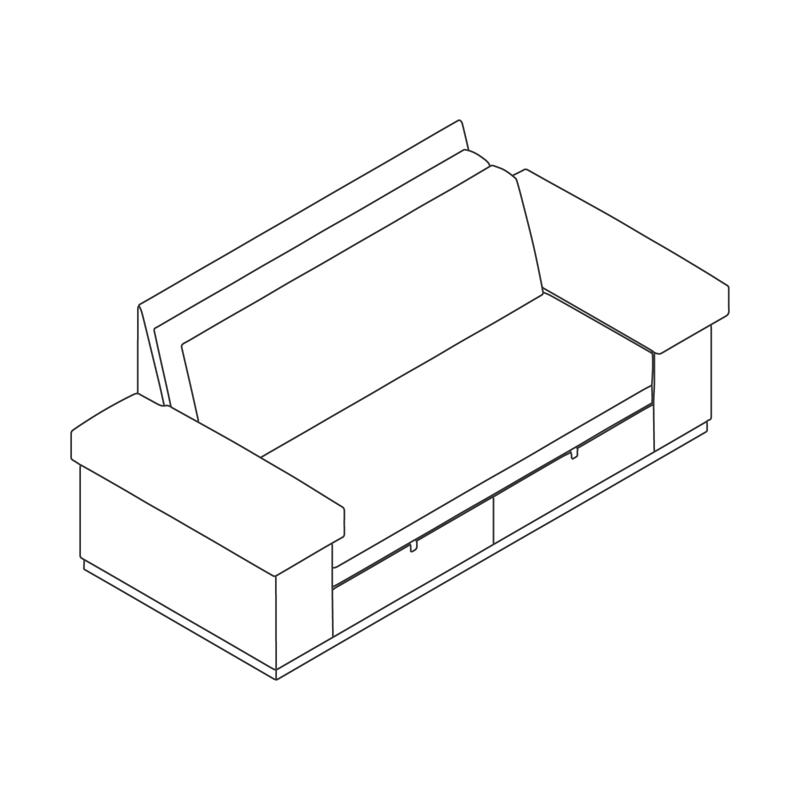 A line drawing - Nemschoff SleepOver Flop Sofa–Arm Storage–Plinth Base–Under-Seat Drawers