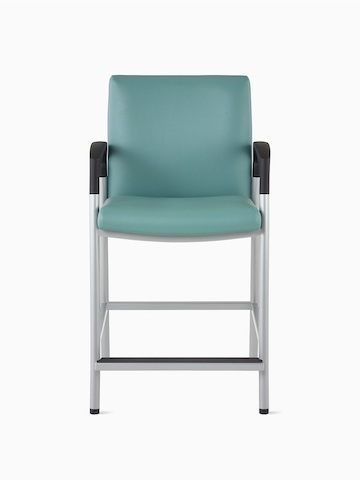 Front view of a Valor Easy Access Chair in a blue-green upholstery with a silver frame and black armcaps.