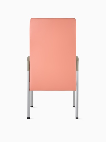 Back view of a high-back Valor Patient Chair in a salmon pink upholstery and silver frame with pewter armcaps.