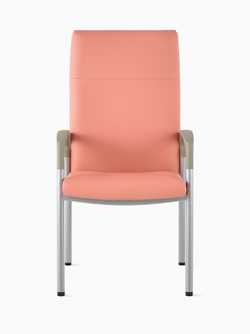 Front view of a high-back Valor Patient Chair in a salmon pink upholstery and silver frame with pewter armcaps.