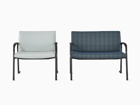 Two Valor Plus Chairs: a 33-inch with gray upholstery and black frame and a 43-inch with dark blue upholstery and black frame.