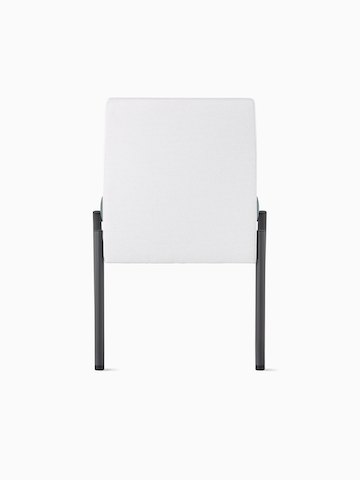 Back view of a Valor Plus Chair in a light gray upholstery and black frame.