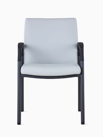 Front view of Valor Side Chair in a light gray upholstery on the back and seat and a black metal frame.