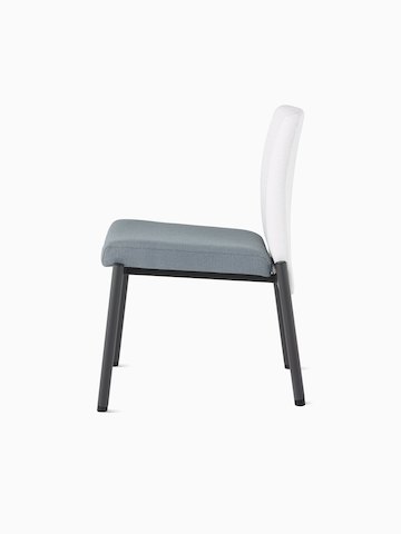 Side view of a Valor Stacking Chair without arms in a white back upholstery and a blue seat upholstery and black frame on white sweep.